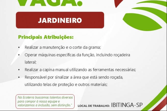 Empresa contrata Jardineiro para trabalhar em Ibitinga